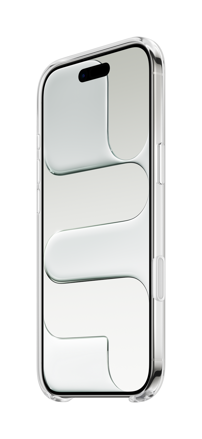 Una funda transparente con un teléfono dentro. La pantalla del teléfono muestra formas similares al agua. La funda tiene botones y una cámara.