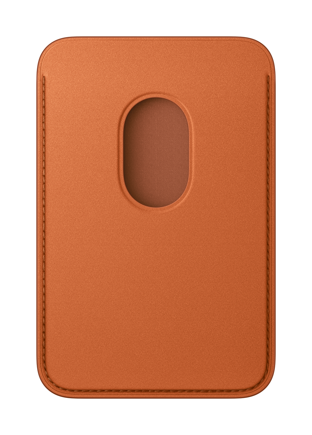 Un tarjetero de cuero naranja con un recorte para facilitar el acceso. Tiene bordes cosidos y una textura suave.