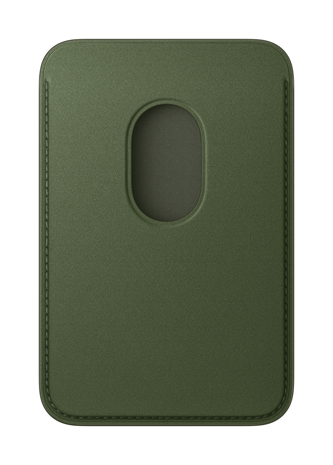 Un tarjetero verde y rectangular con un recorte ovalado. Las costuras son visibles a lo largo de los bordes y el fondo es blanco.