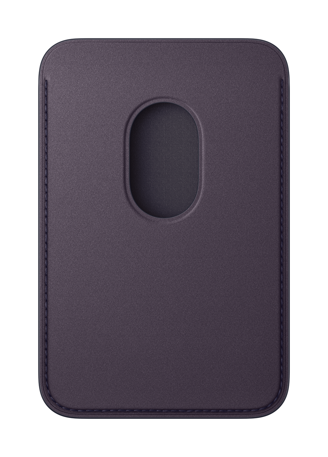 Una funda de teléfono de cuero púrpura oscuro con un recorte para una tarjeta. Tiene bordes cosidos y forma rectangular redondeada.