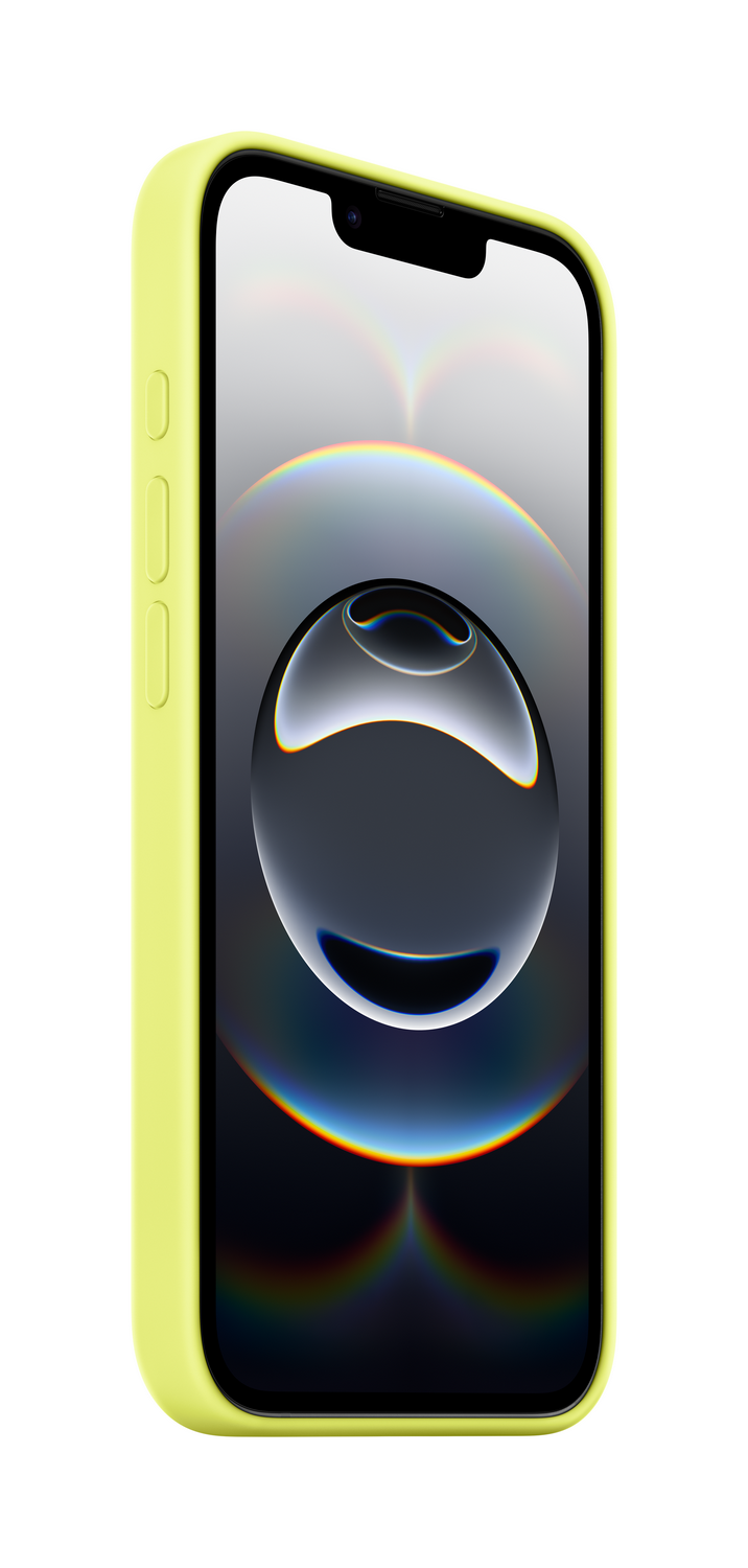 iPhone en una funda verde claro, la pantalla muestra una imagen reflectante con efectos de arcoíris. Fondo blanco.