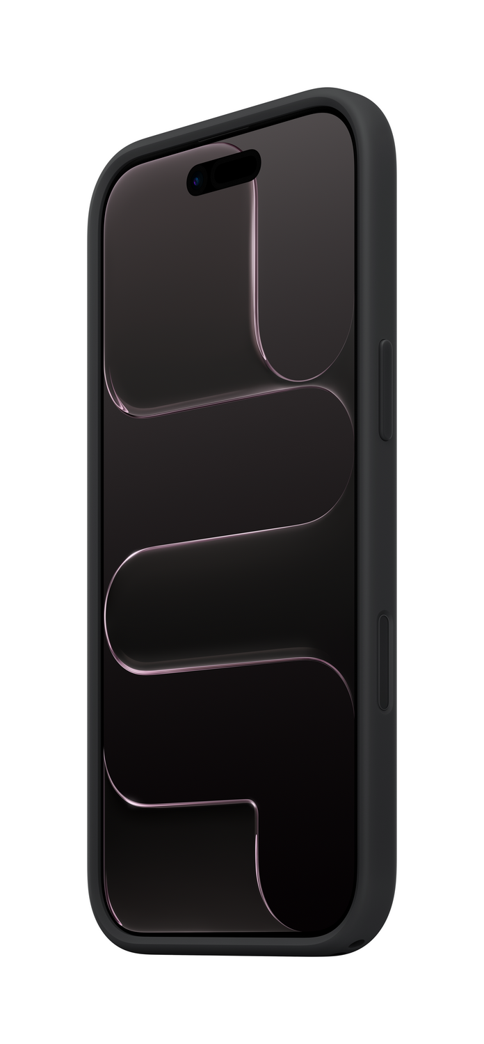 Smartphone negro en una funda, con pantalla oscura. La funda tiene botones laterales. La pantalla tiene diseño curvo.