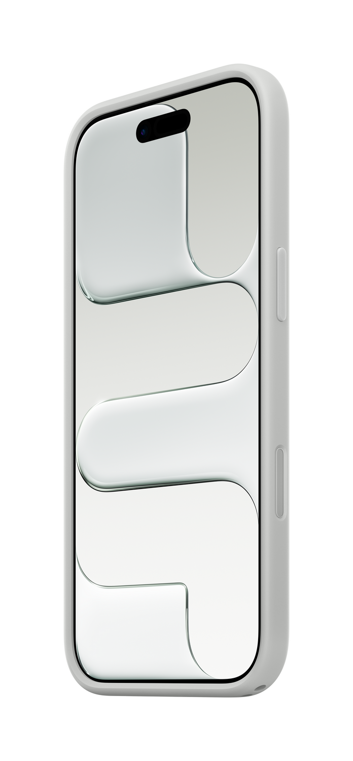 Un smartphone con una funda gris claro. La pantalla muestra un fondo blanco con tres formas curvas. El teléfono está sobre un fondo blanco.