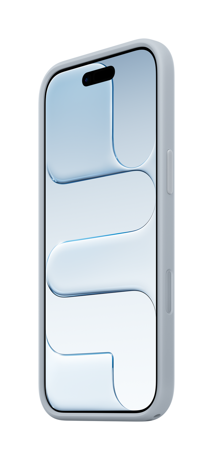 Un smartphone gris claro en una funda. La pantalla muestra un patrón azul ondulado. El fondo es blanco.