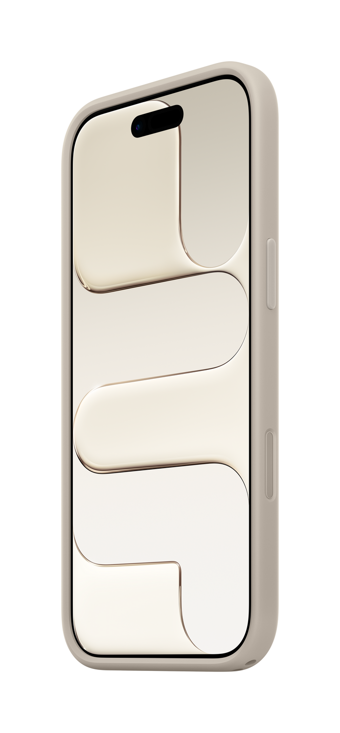 Un smartphone beige en una funda beige. La pantalla tiene un diseño dorado. La cámara es visible en la parte superior.