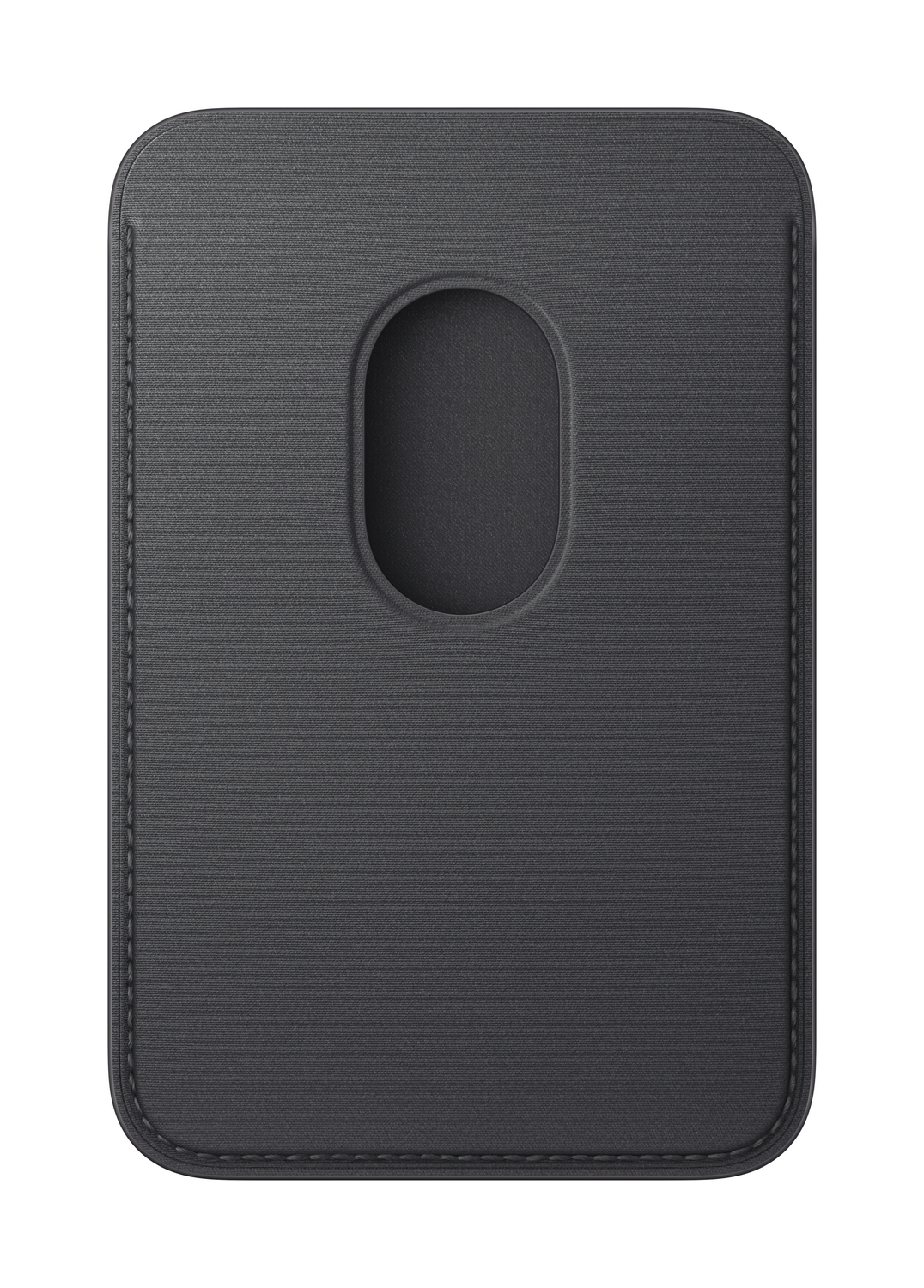 Una funda rectangular gris oscuro. Tiene un recorte en el centro. Los bordes son redondeados y cosidos.