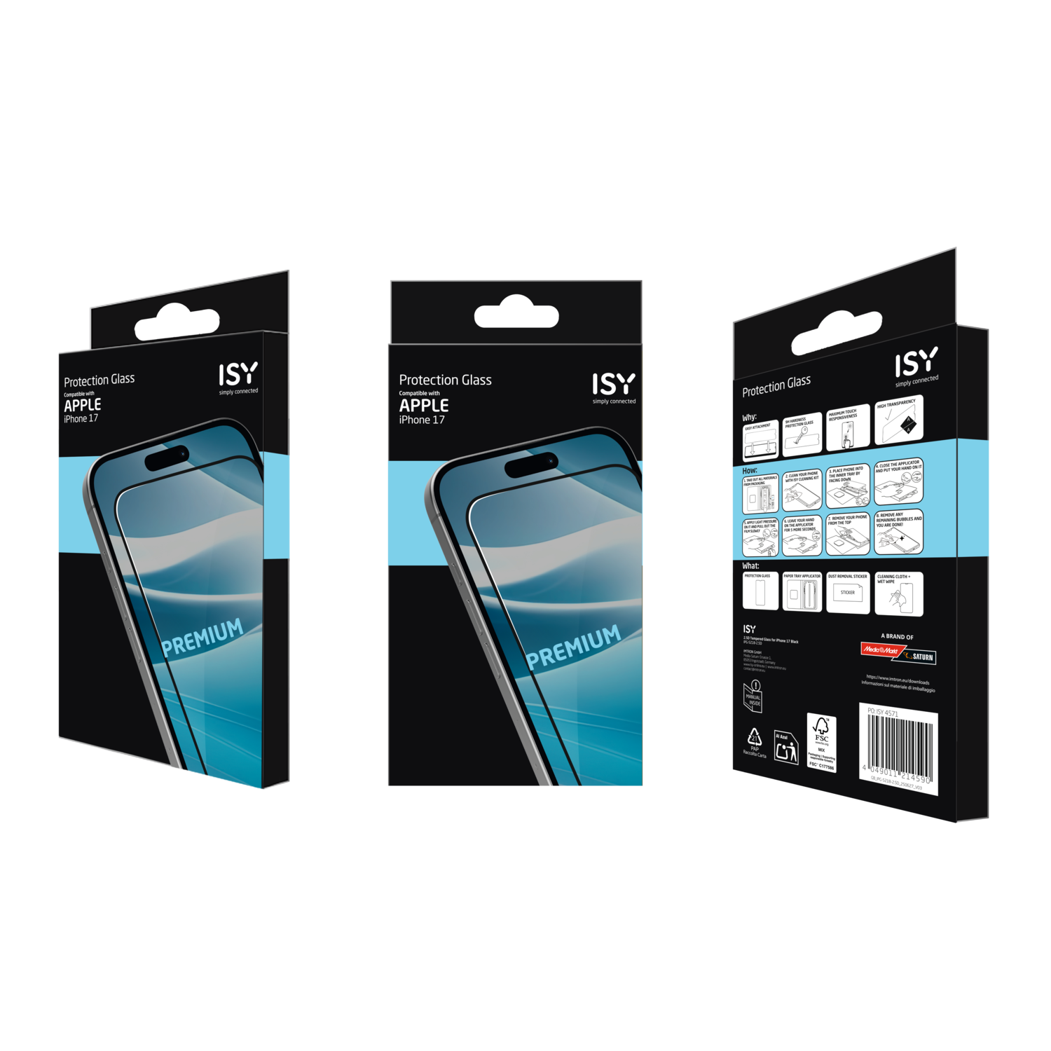 Drie telefoonbeschermingsdozen, zwart en blauwgroen, met 'Protection Glass' voor Apple iPhone 17, met instructies.