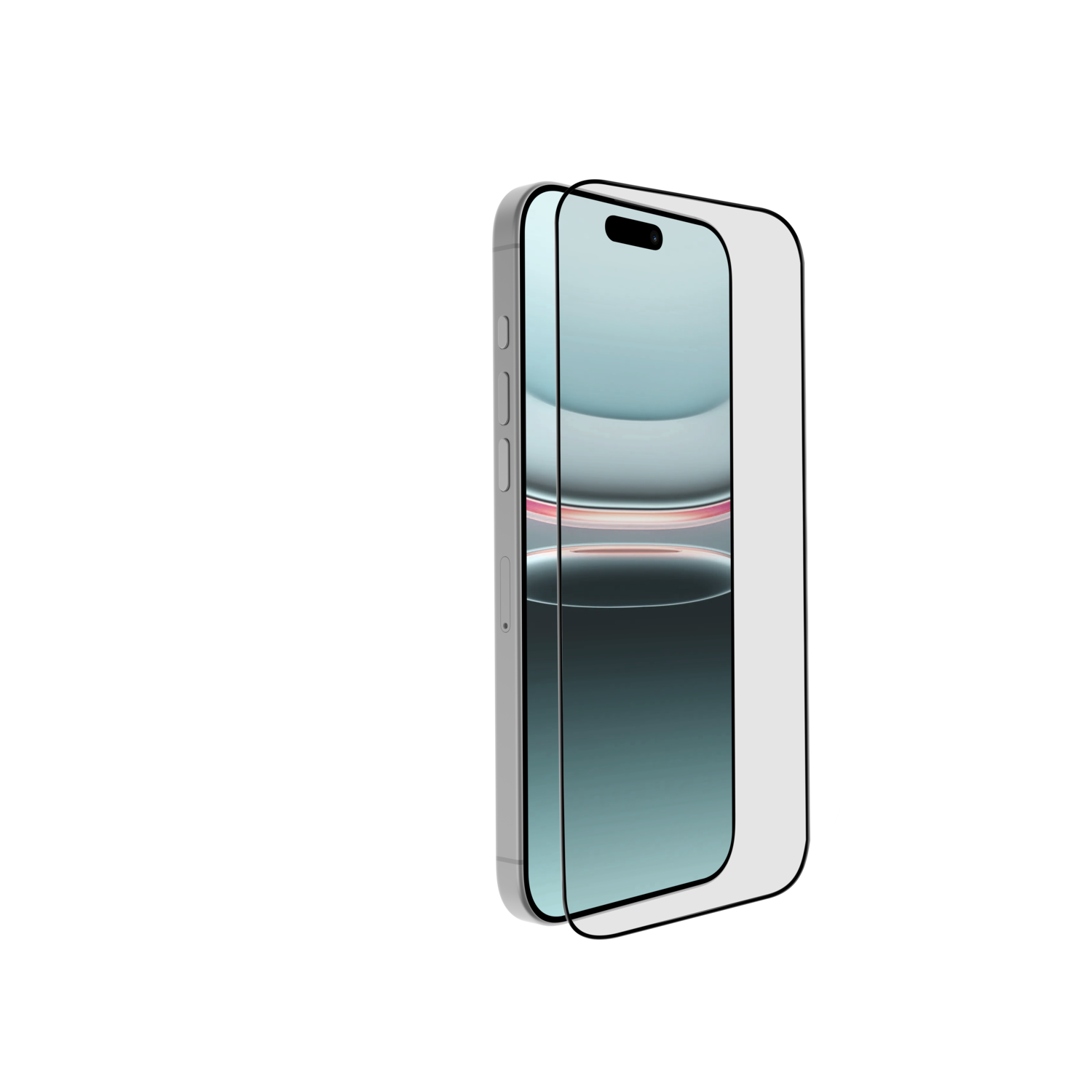 Een smartphone met een schermbeschermer, op een zwarte achtergrond. De telefoon is zilverkleurig en heeft een helder scherm, de beschermer is ook helder.