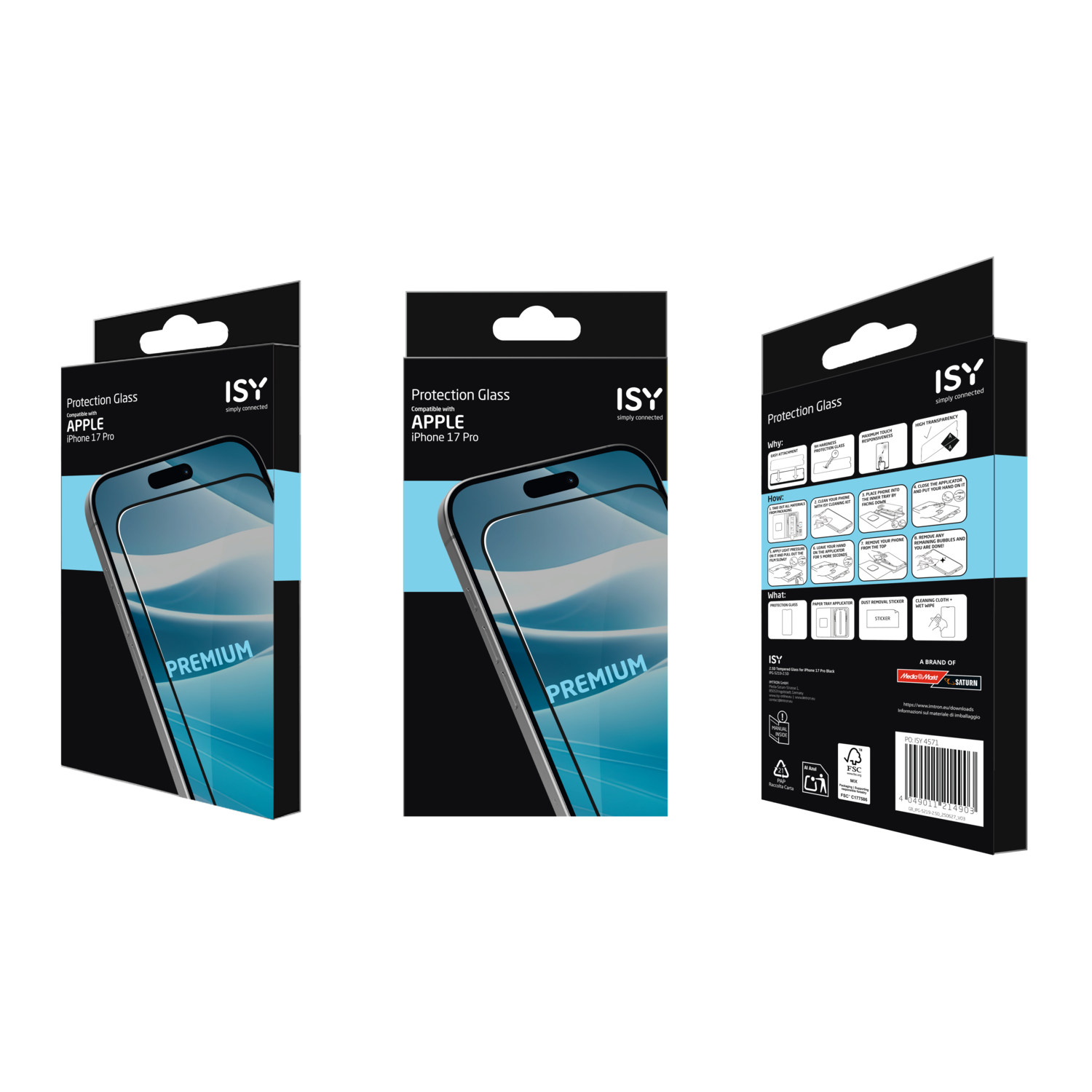 Drie telefoonbeschermersdozen op een zwart oppervlak. De dozen hebben de merknaam ISY en informatie over het telefoonmodel.