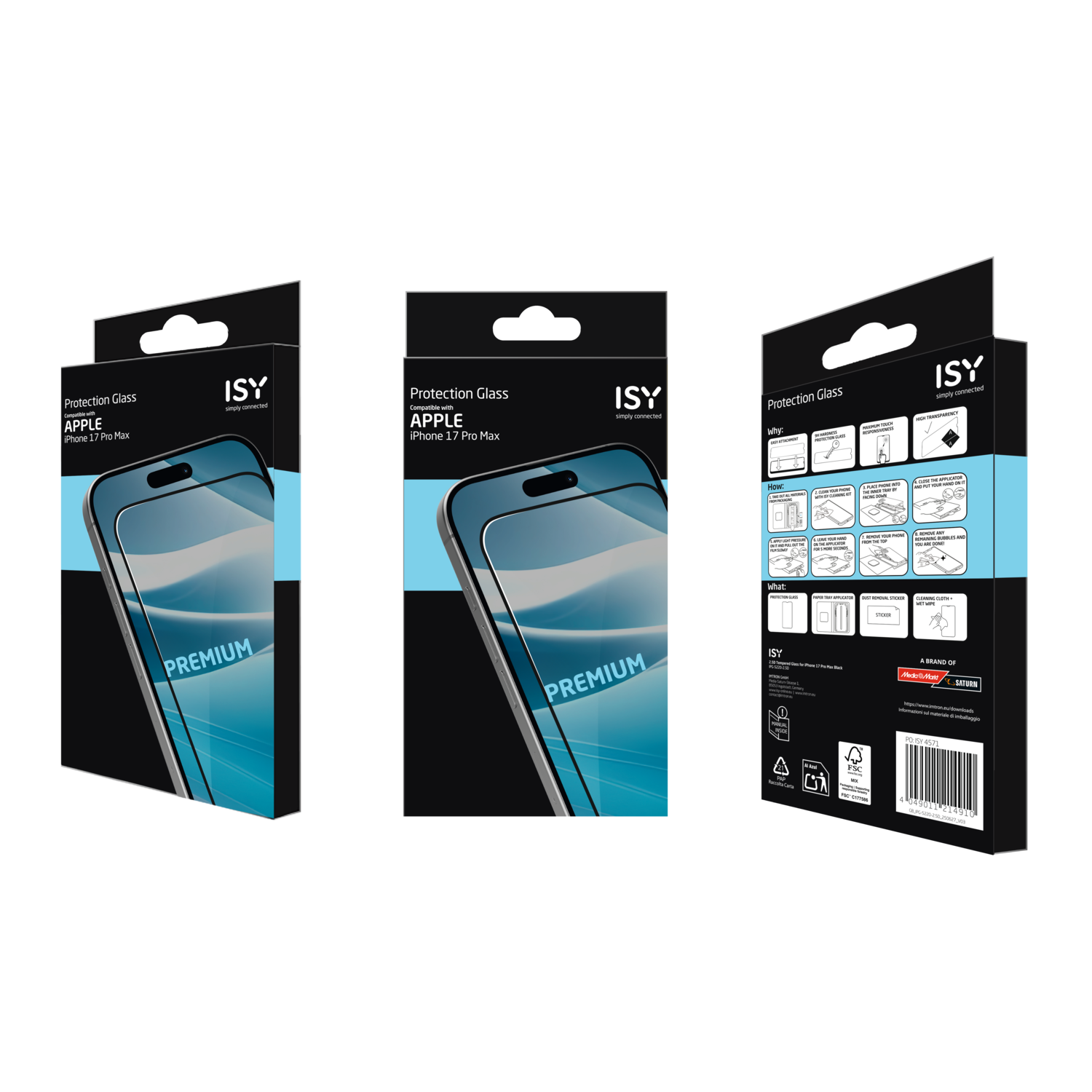 Drie telefoonbeschermingsdozen. Elke doos heeft de productnaam, het merk en het iPhone-model. De dozen zijn zwart.
