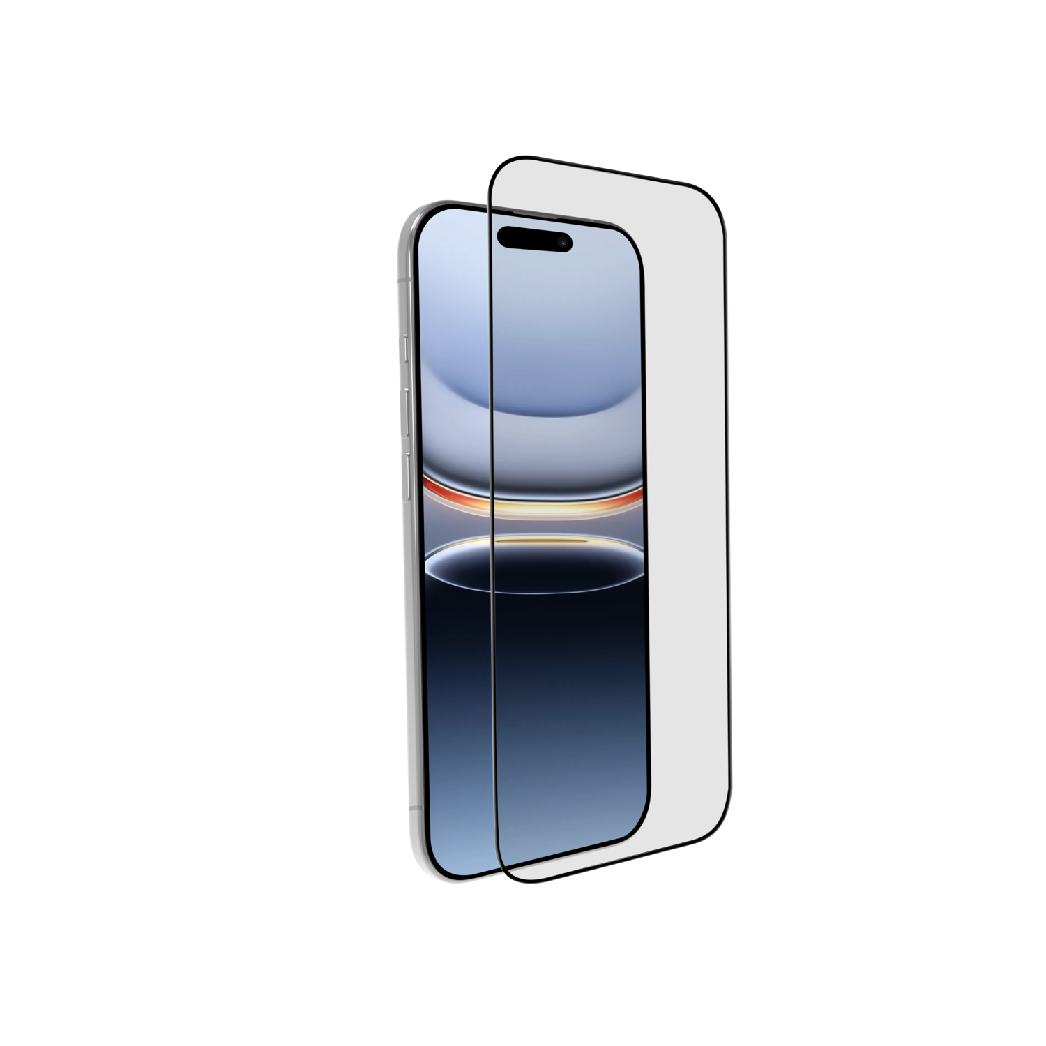 Een smartphone met een schermbeschermer wordt getoond tegen een zwarte achtergrond. De telefoon is zilverkleurig en het scherm toont een blauw-oranje verloop.