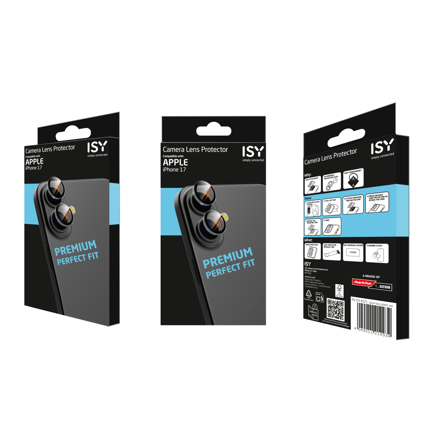 Drie telefoonlensbeschermer dozen. Elk toont een telefoon met lensbeschermers, het merk ISY en 'Premium Perfect Fit'.