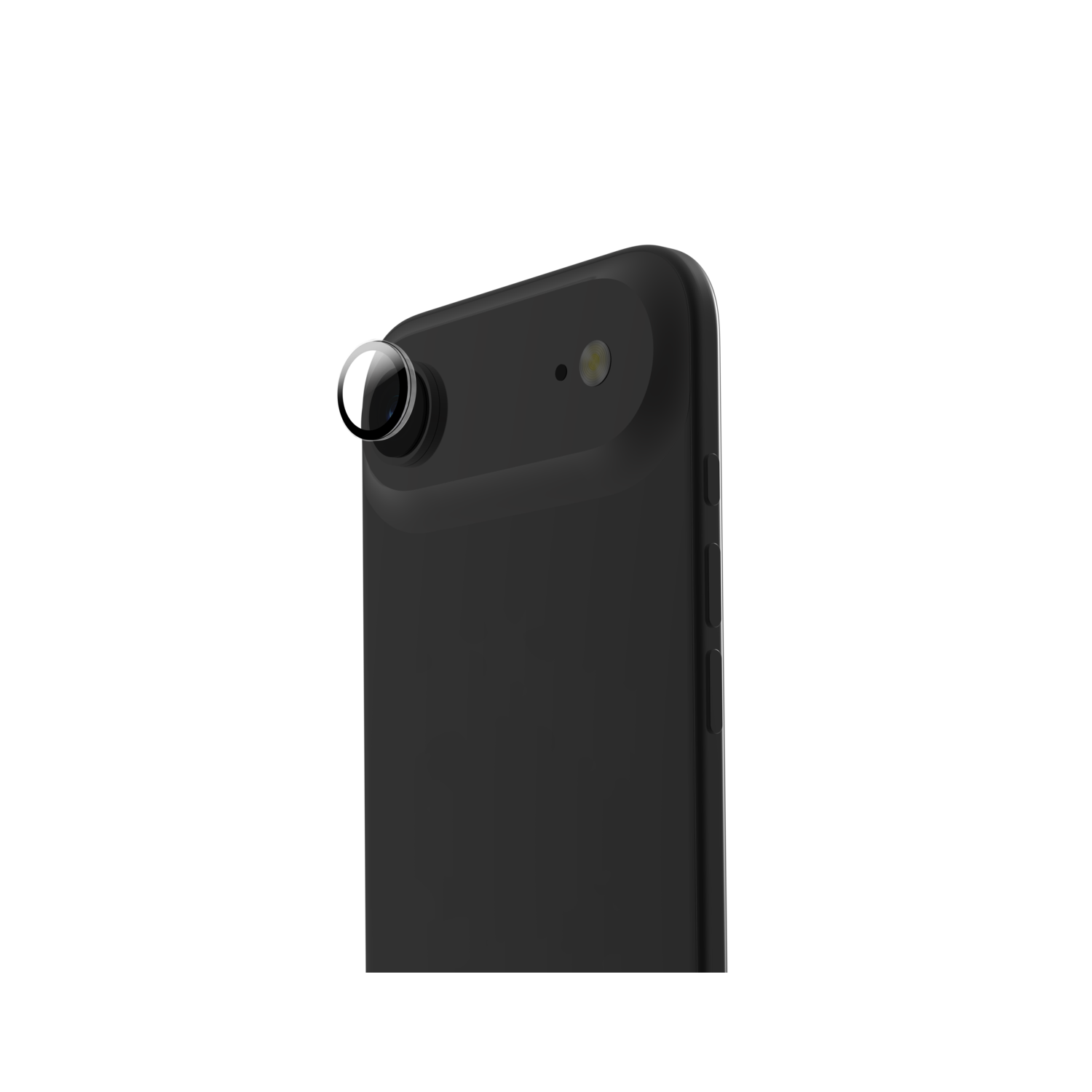 Close-up van een zwarte smartphone met een circulaire lensbevestiging, tegen een diepzwarte achtergrond.