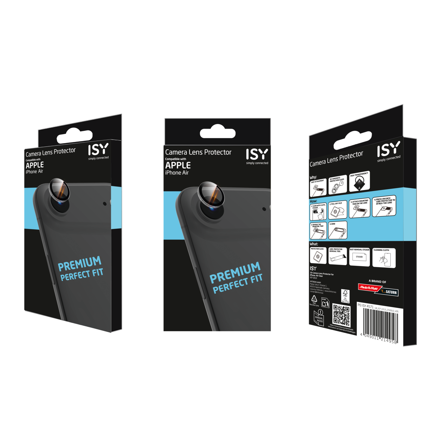 Drie dozen ISY cameralensbeschermers voor iPhone Air. Elke doos heeft een afbeelding van de lens en de tekst: Premium Perfect Fit.