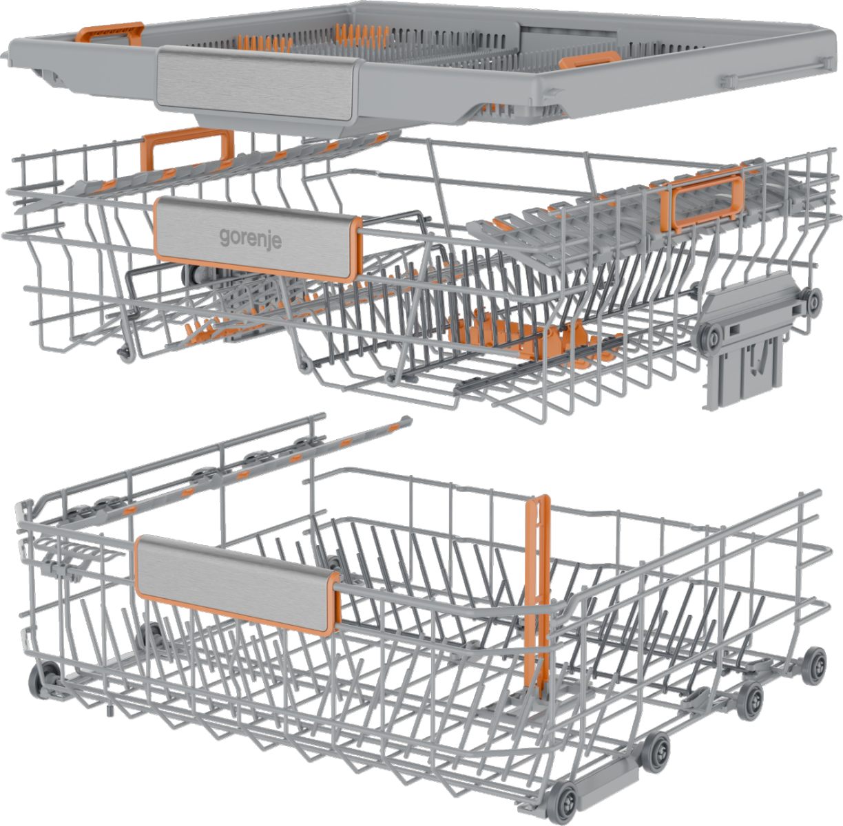 Wnętrze zmywarki z trzema koszami. Górny kosz, środkowy kosz z logo 'gorenje' i dolny kosz. Wszystkie kosze są szare z pomarańczowymi akcentami.