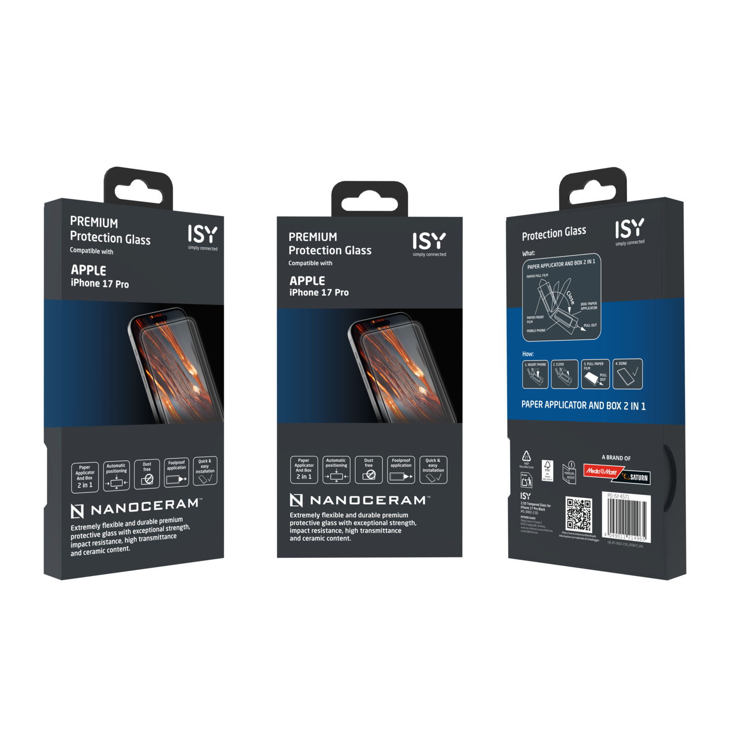 Three ISY iPhone screen protector boxes. Features include 'Premium Protection Glass', 'NanoCeram', and application instructions.