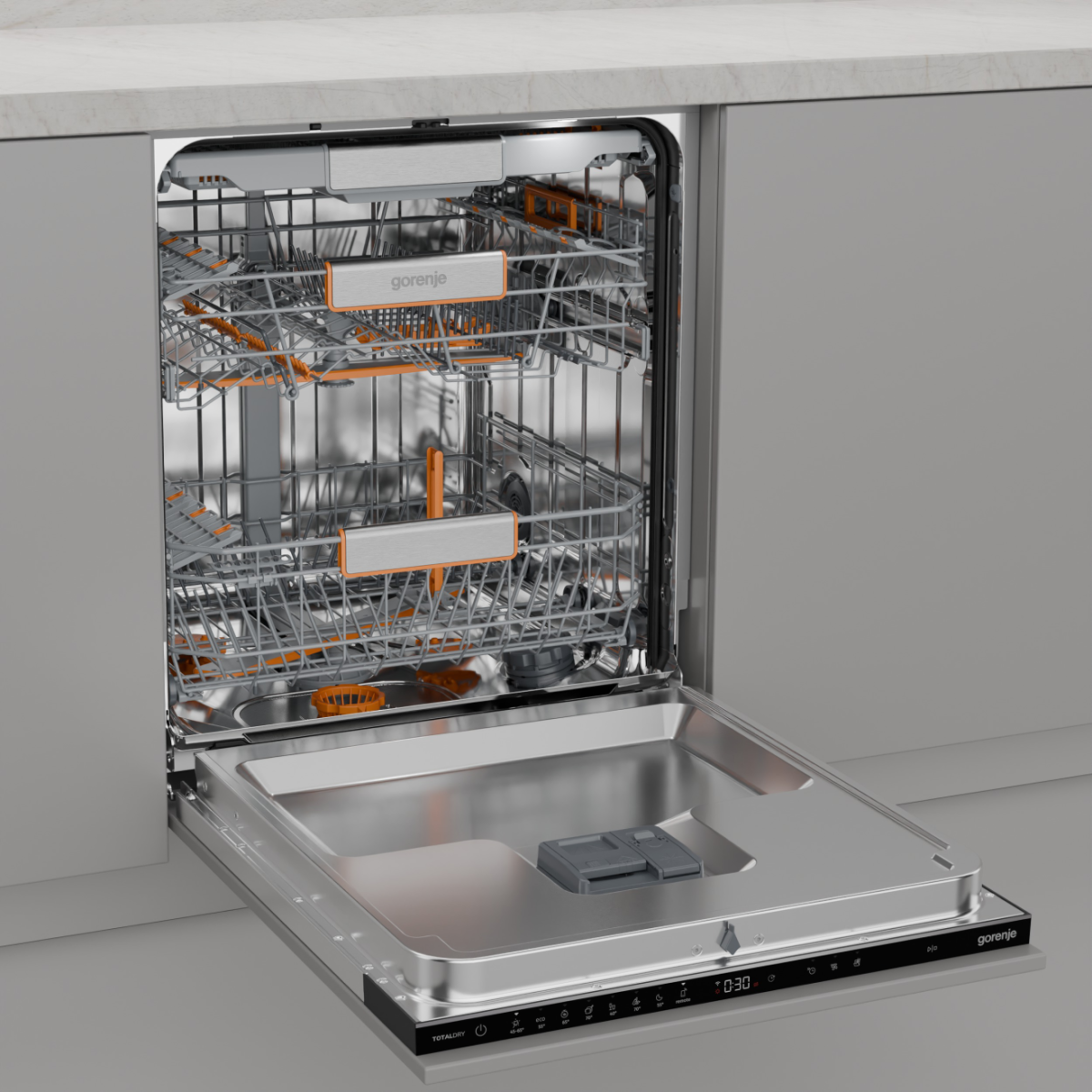 Otwarta zmywarka z wnętrzem z metalowych koszy i pomarańczowymi akcentami. Drzwi są otwarte, ukazując wnętrze i panel sterowania.