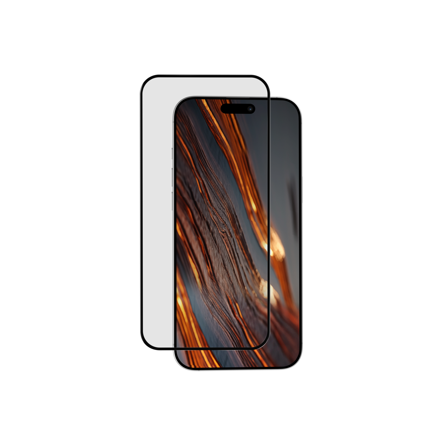 Twee smartphones op een zwarte achtergrond. De telefoon vooraan toont een abstract oranje en donker patroon. De telefoon achteraan is een silhouet.