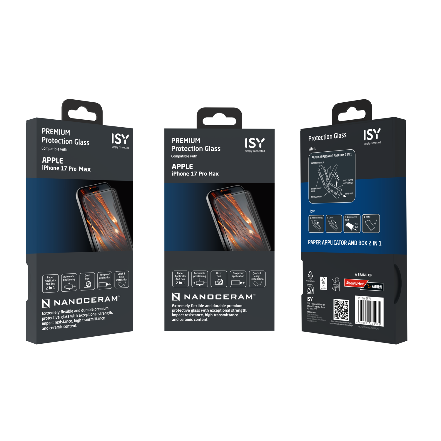 Drie telefoon screenprotector dozen. Elke doos heeft een telefoonafbeelding en tekst over het product, merk en functies.