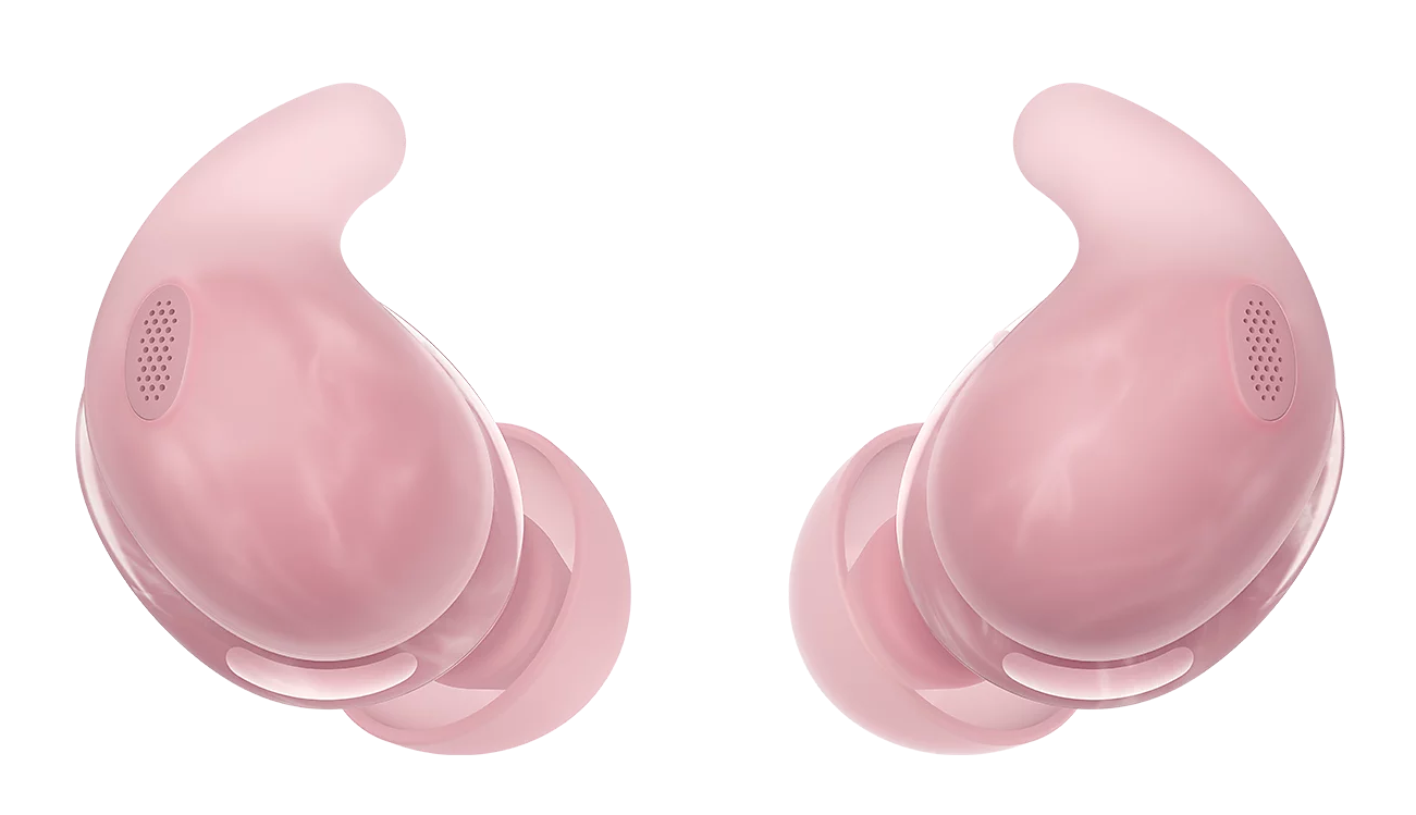 Dwa różowe słuchawki douszne, każda z głośnikiem, na czarnym tle. Słuchawki są zakrzywione i mają błyszczące wykończenie.