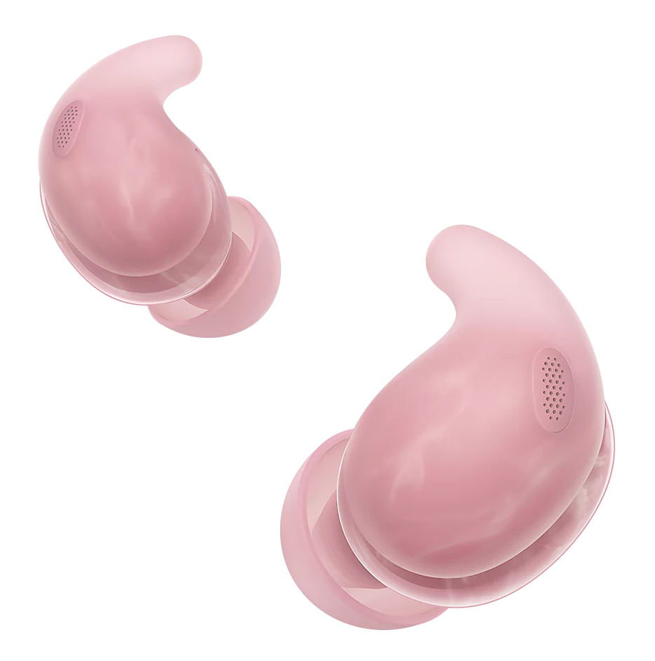 Dwie różowe bezprzewodowe słuchawki na czarnym tle. Każda ma zaokrąglony korpus i przezroczystą końcówkę douszną.