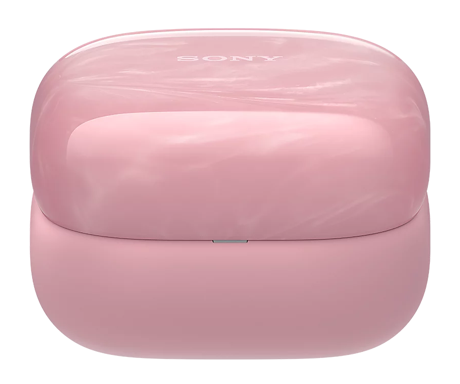 Różowe etui na słuchawki Sony. Góra jest błyszcząca z efektem marmuru, dół jest jednolity różowy. Widoczna nazwa marki.
