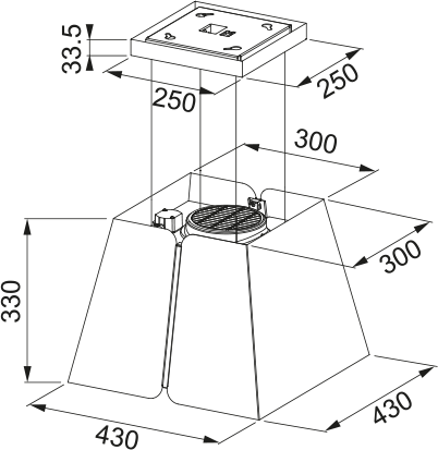 Dibujo isométrico de una campana extractora con dimensiones. Tiene una parte superior cuadrada, cuerpo cónico y rejilla circular.