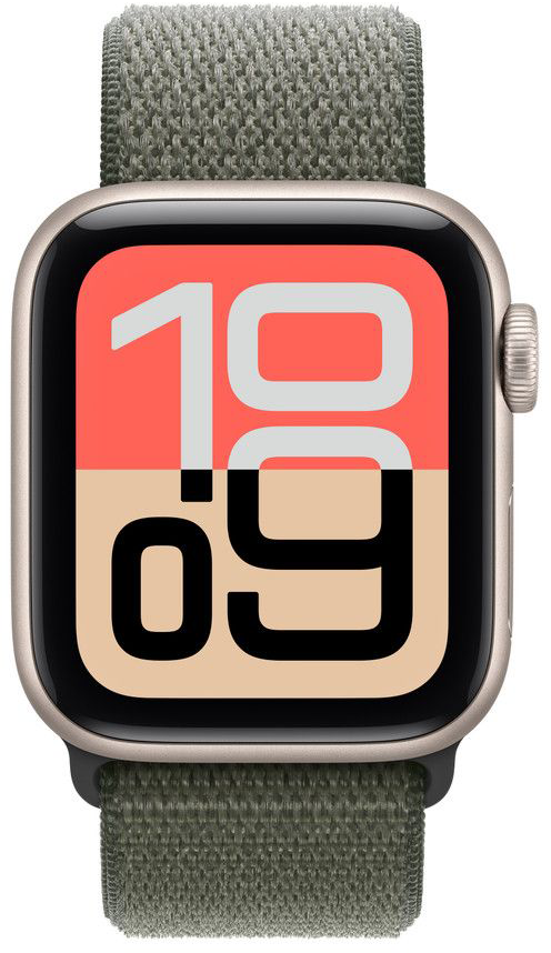 Egy Apple Watch zöld szíjjal. A számlap 10:09-et mutat piros és bézs háttérrel.