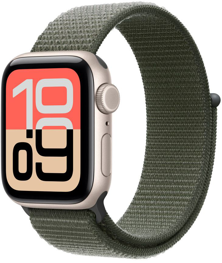Egy Apple Watch zöld szövet szíjjal. Az óralap '10:09'-et mutat. Az óratok arany, a szíj olívazöld.