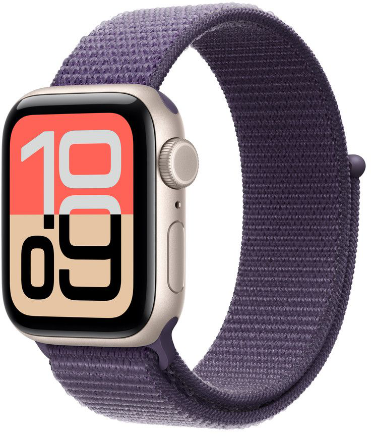 Egy Apple Watch lila szövet szíjjal. A képernyő 10:09-et mutat. Az óra tokja arany, és a szíj körbefut.