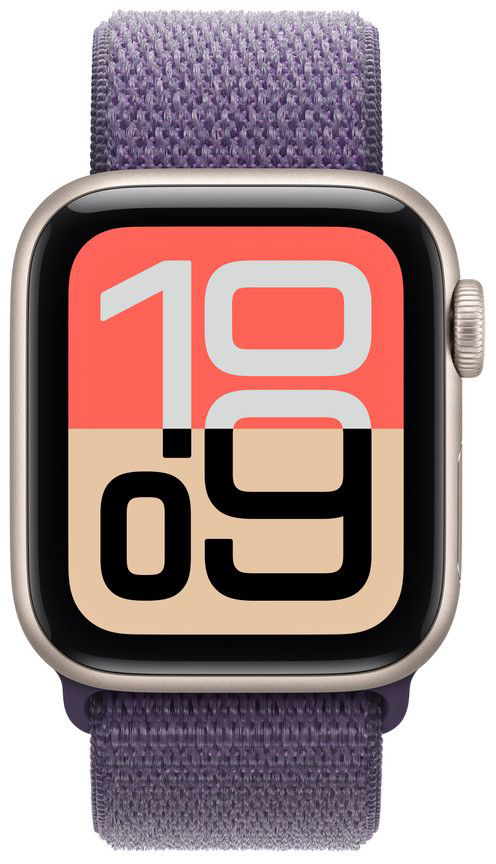 Apple Watch SE lila szíjjal. Az óralap 10:09-et mutat. Az óratok világos arany színű.
