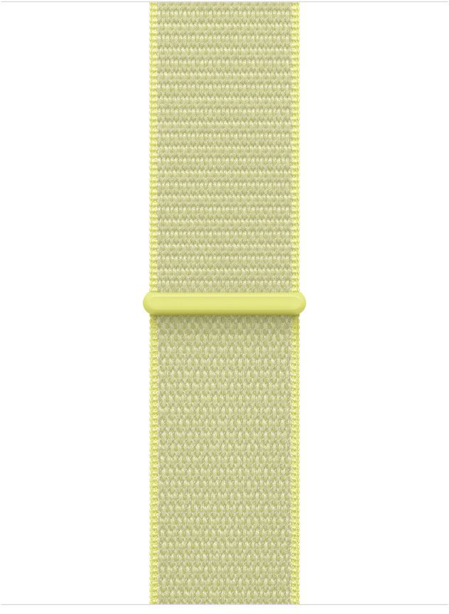 Világossárga Apple Watch szíj. A szíj szőtt anyagból készült, világossárga szegéllyel és egy sárga csattal a közepén.