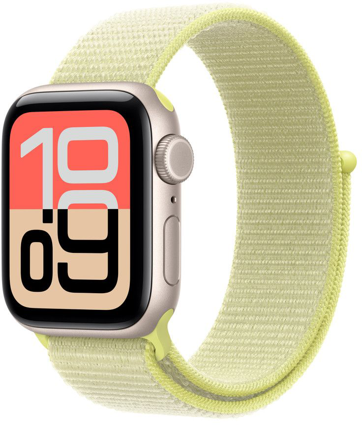 Egy Apple Watch halványzöld szíjjal. Az óralap 10:09-et mutat barack és bézs háttér előtt.