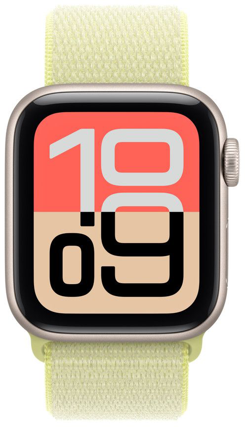 Apple Watch SE világoszöld szíjjal. A számlapon az idő látható, 10:09, barack és bézs háttérrel.