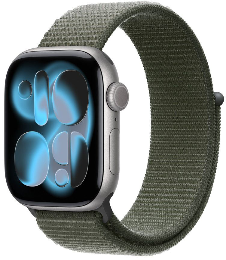 Egy Apple Watch zöld szövet szíjjal. A számlap kék megvilágítású felületet jelenít meg.