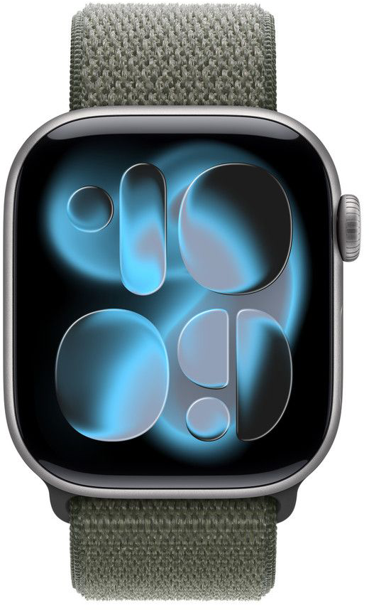 Egy Apple Watch szürke szíjjal és egy kék-fekete absztrakt dizájnt mutató kijelzővel. Az óratok ezüst színű.