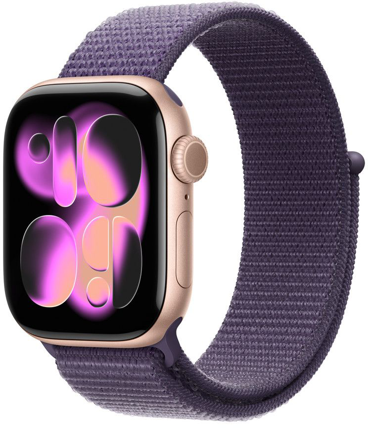 Rózsaszín arany Apple Watch lila szövetszíjjal. A képernyő rózsaszín és lila felületet jelenít meg.