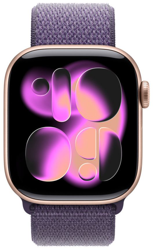 Apple Watch lila szíjjal és rózsaarany tokkal. Az óralap kör alakú és függőleges formákat mutat rózsaszínben és feketében.