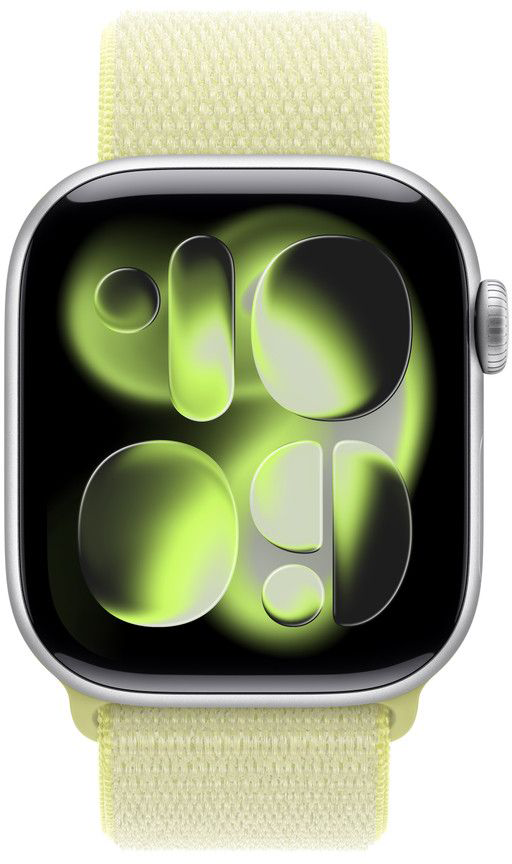 Egy ezüst Apple Watch világoszöld szíjjal, digitális számlappal, limezöld és fekete elemekkel.