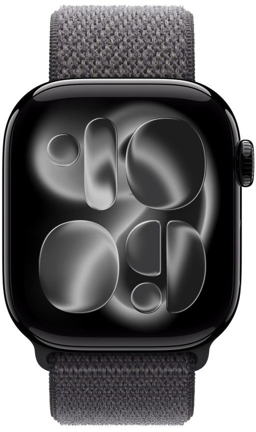 Egy fekete Apple Watch sötét számlappal, amely kör és téglalap alakú elemeket mutat. Az óra szürke szövet szíjjal rendelkezik.