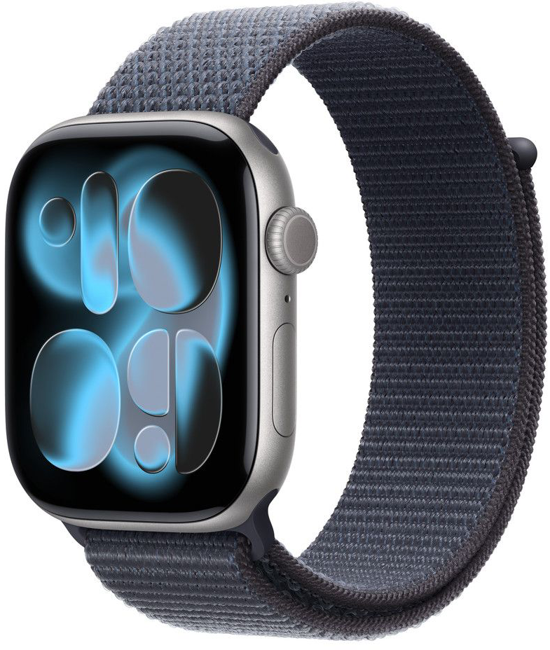 Apple Watch szürke tokkal és sötétszürke szőtt szíjjal. A képernyőn az idő látható. Egy oldalsó gomb és egy tárcsa látható.