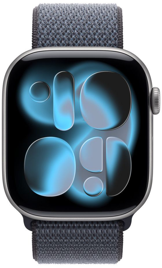 Egy Apple Watch közelképe. Az óra sötétszürke szíjjal és fekete képernyővel rendelkezik, kék-fekete absztrakt dizájnnal.
