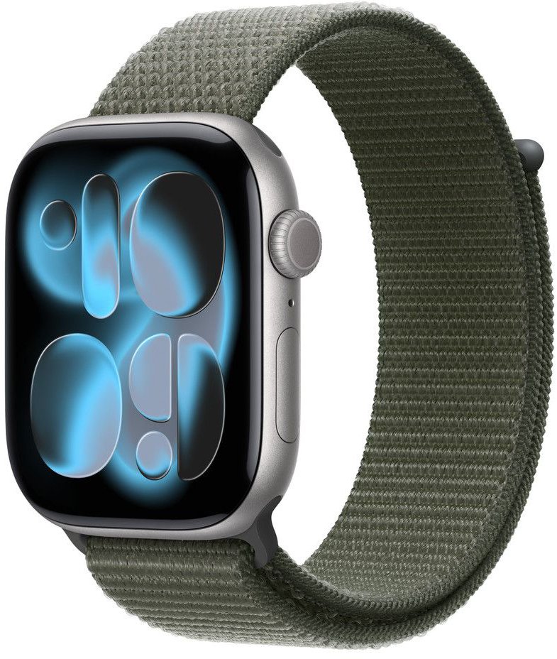Apple Watch olívazöld szíjjal. Az óralap az időt mutatja, ezüst tokkal.