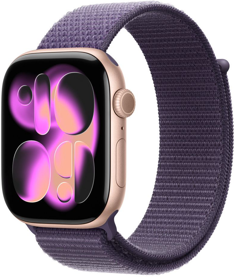 Arany Apple Watch lila szövet szíjjal. A képernyő színes digitális órát jelenít meg. A szíj hurkolt.