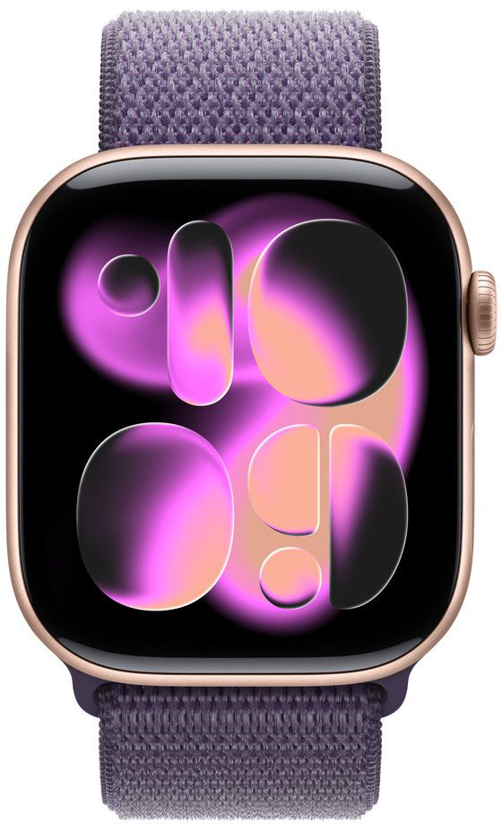 Egy Apple Watch közelről. Az óra lila szíjjal, arany tokkal, és rózsaszín-fekete absztrakt formákat mutató képernyővel rendelkezik.