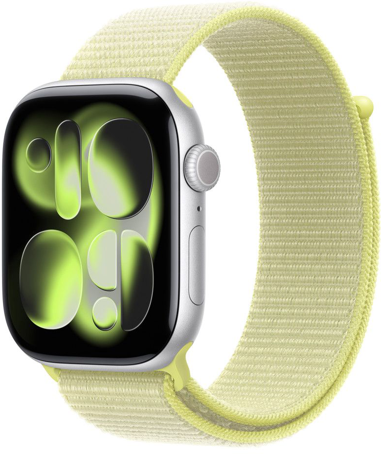 Ezüst Apple Watch világossárga szíjjal. Az óralap mutatja az időt. A szíj az óra köré van hurkolva.