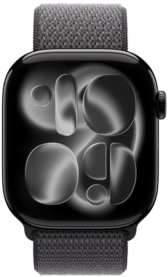 Fekete Apple Watch szürke szövött nylon szíjjal. Az óralap fekete és szürke formákat jelenít meg, amelyek számokra hasonlítanak.