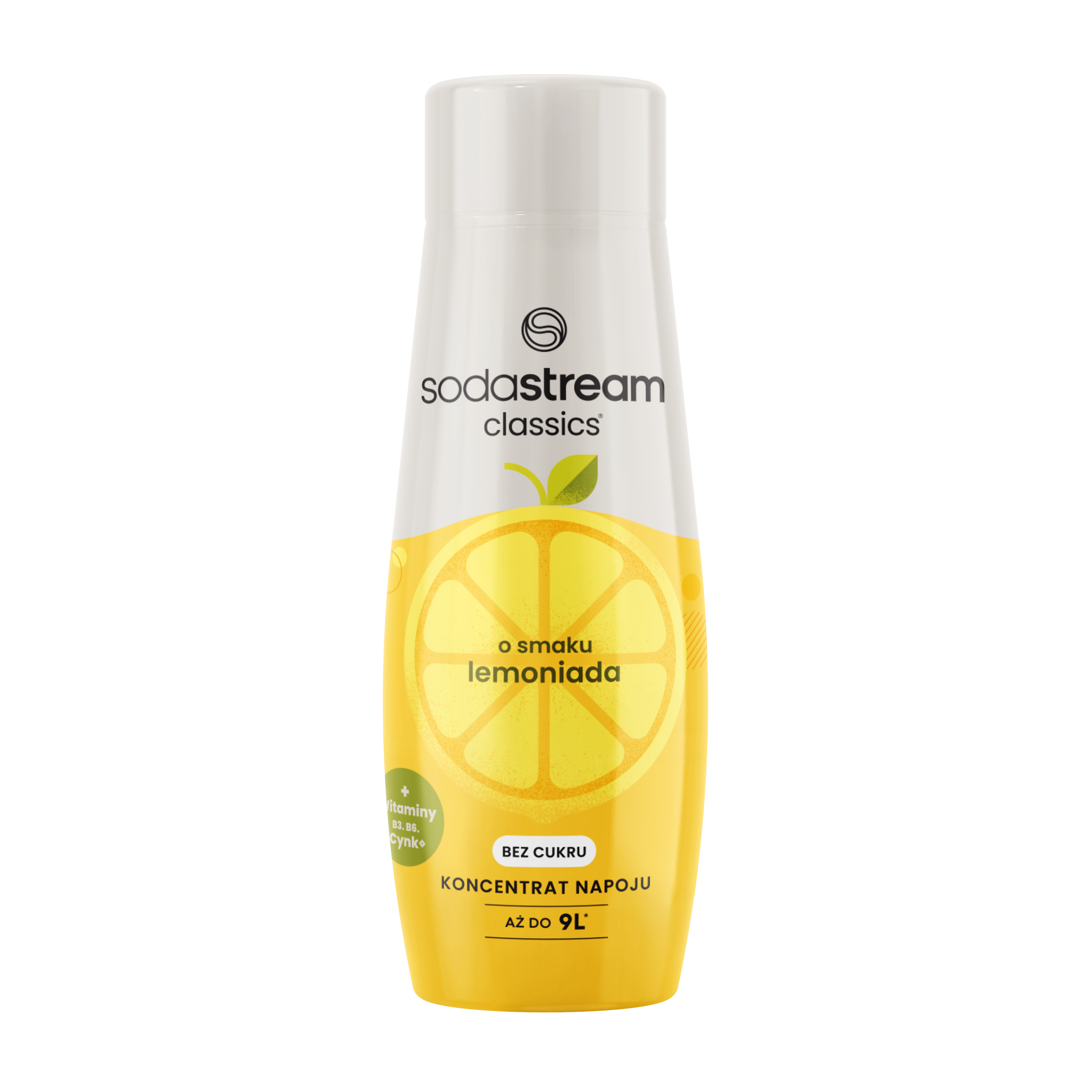 Butelka koncentratu cytrynowego Sodastream na czarnym tle. Butelka jest biało-żółta, z tekstem i grafiką cytryny.