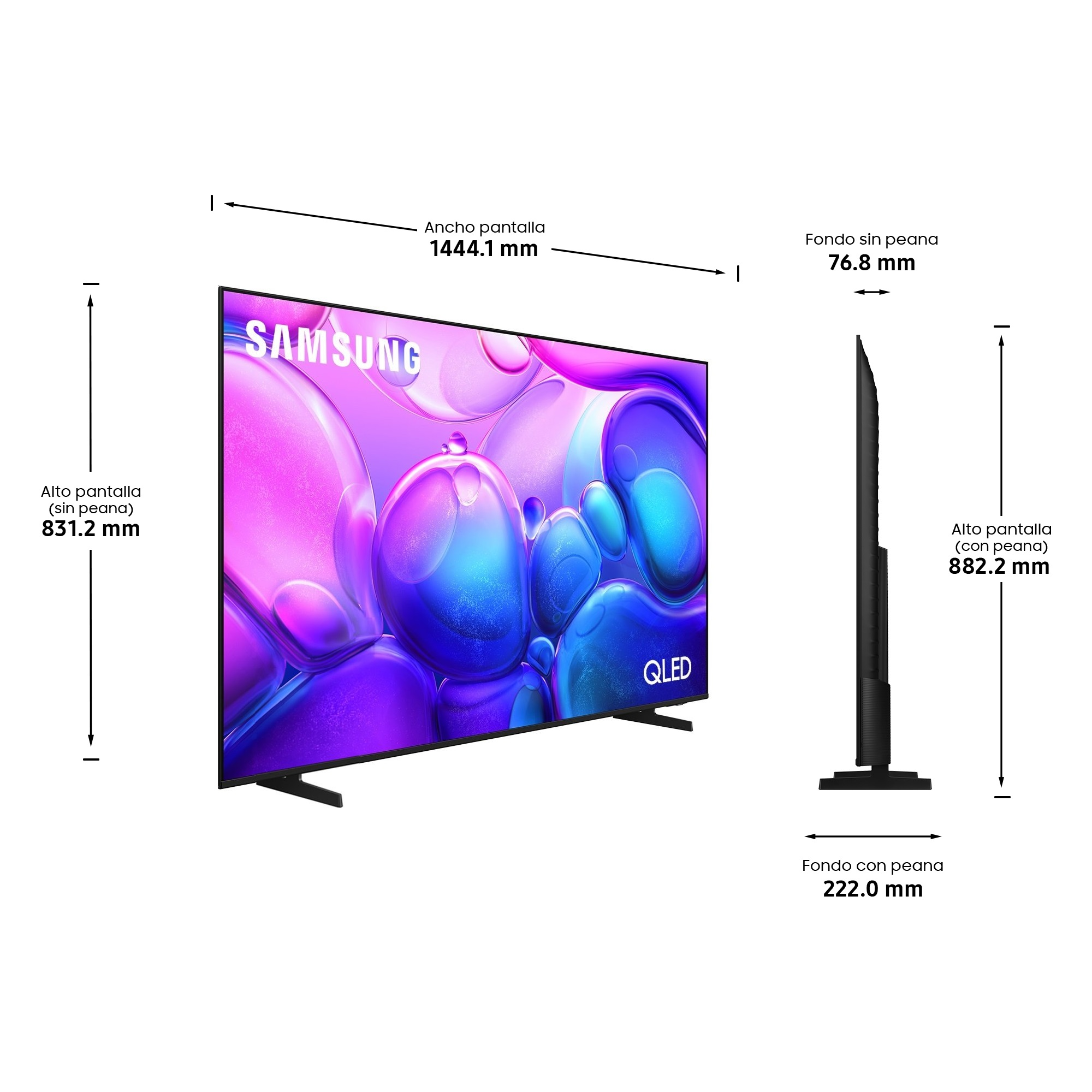 Un televisor Samsung QLED. La pantalla muestra un patrón abstracto colorido. Las dimensiones están etiquetadas en mm. El televisor es negro.