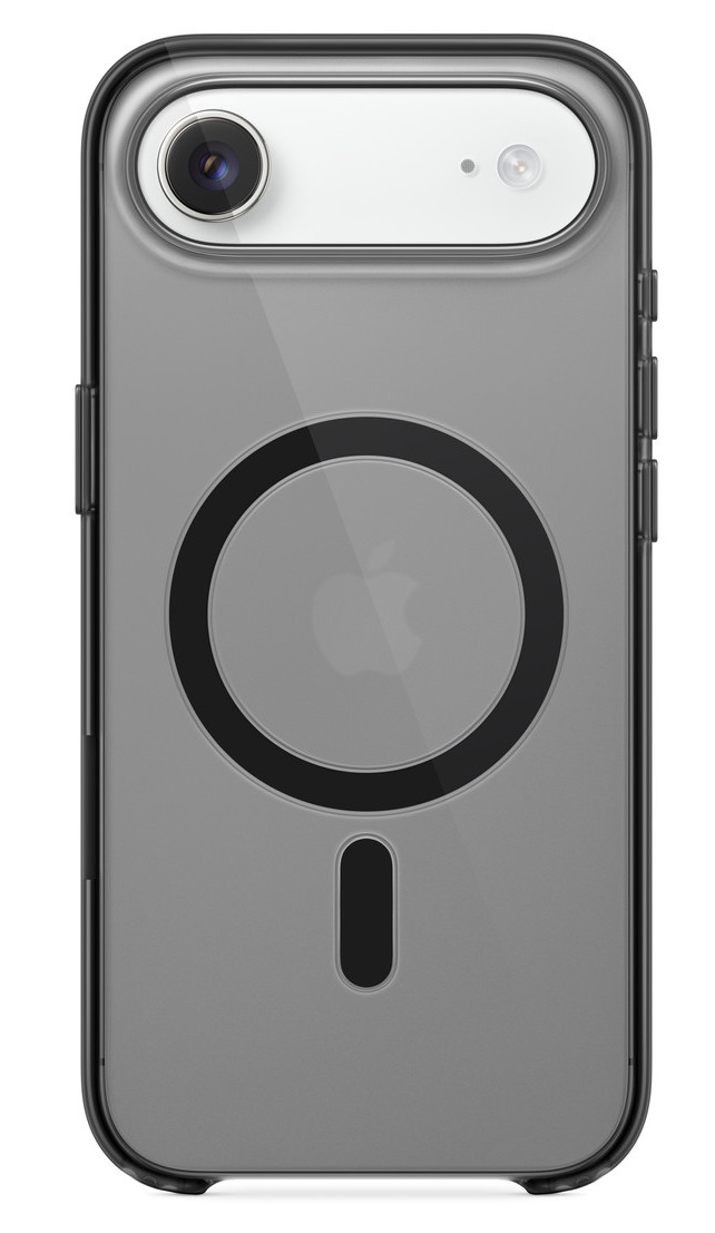 Przezroczyste etui na telefon. Ma aparat i logo Apple. Ma magnetyczne koło i gniazdo ładowania.